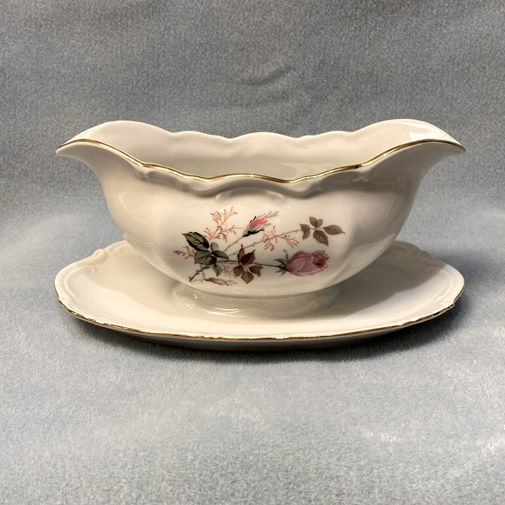 Pink Rose Mitterteich Bavaria Germany Gravy Boat with attached underplate